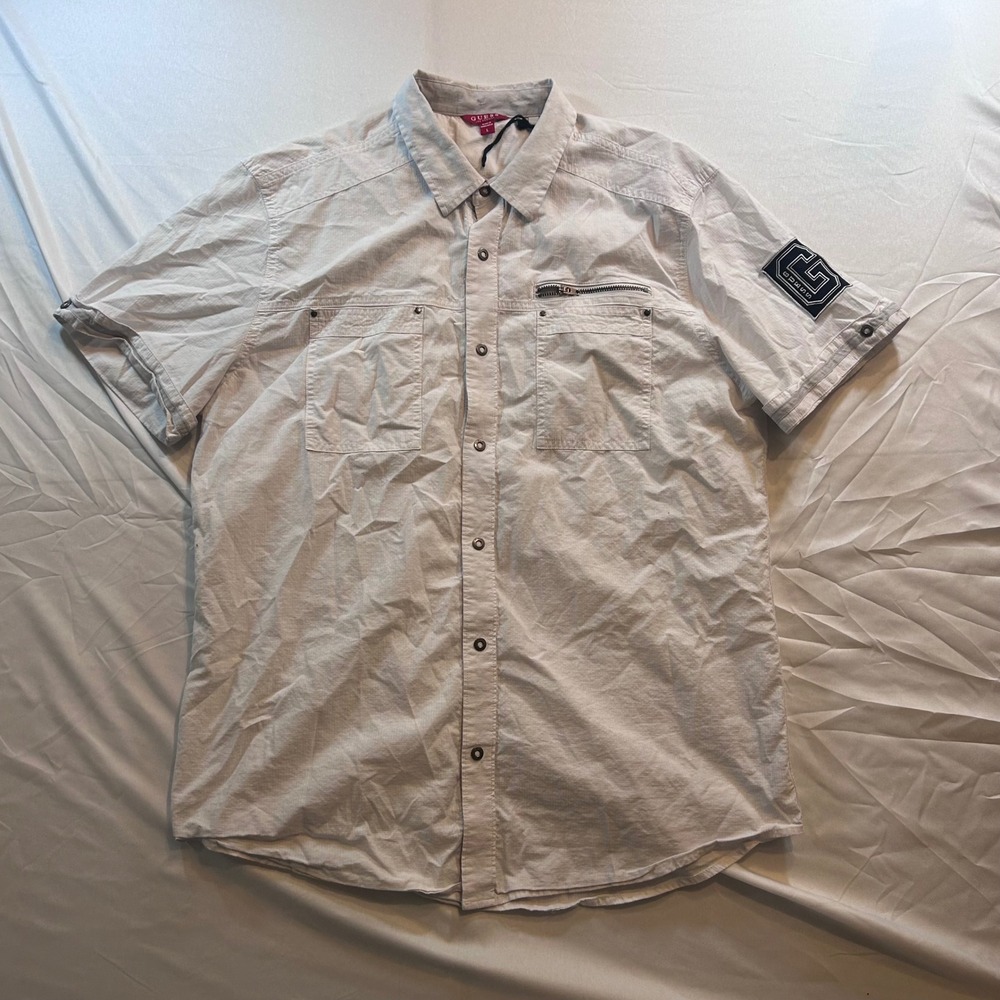 Guess Los Angeles Mens Ripstop Short Sleeve Button Down Utility Shirt Grey L